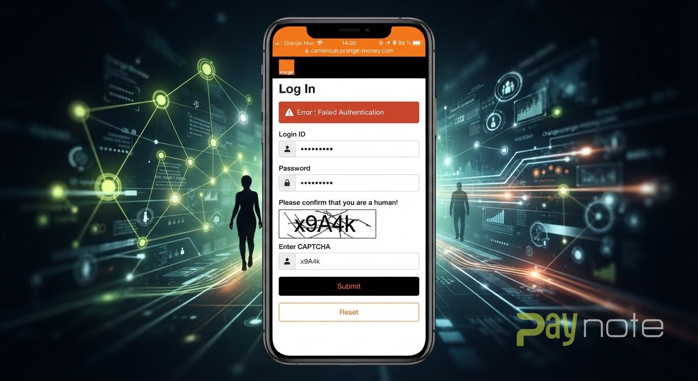 Capture d'écran de l'erreur Failed Authentication sur la page de connexion Orange Money reporting avec captcha