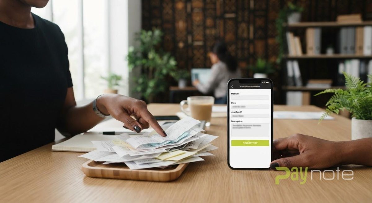 Photographie réaliste d'un bureau avec des justificatifs de mission et un smartphone affichant un formulaire de remboursement, pour illustrer la gestion des notes de frais