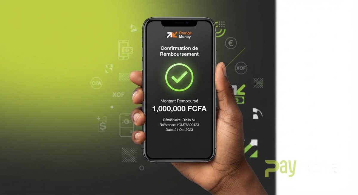 Smartphone affichant la confirmation d'un remboursement Orange Money de 1 000 000 FCFA par transaction, annonce Paynote du nouveau plafond de remboursement mobile.